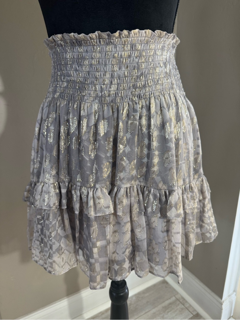 Ramy Brook Silver Metallic Silk Smocked Tiered Mini Skirt